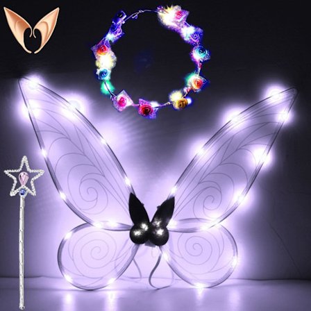 Glitrende fevinger til voksne, LED-pandebånd til karneval og temafester, stjerneklart hvid