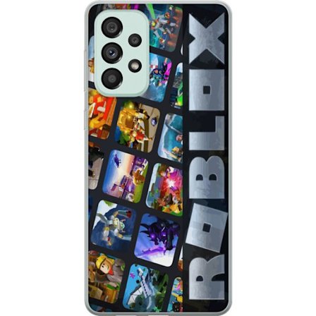 Samsung Galaxy A73 5G Gennemsigtig cover Roblox farverigt kollage med populære figurer og spiluniverser samlet i et livligt, legende og energisk desi