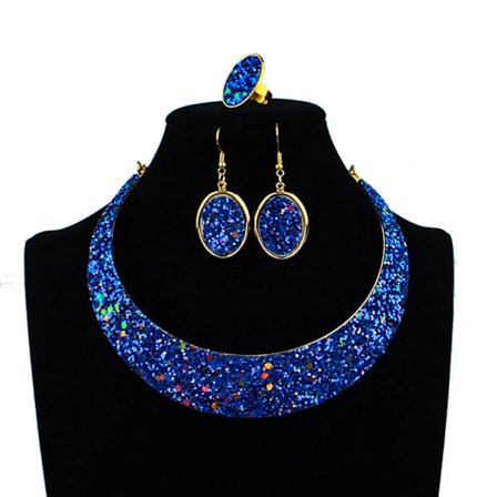 Blått halsband örhängen ring set, bröllop smycken för brud, brudtärna, fest