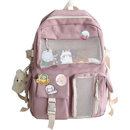 Kawaii skolesekk, rosa skolesekk, kawaii tilbehør, brosjer og anheng, utstoppede dyr