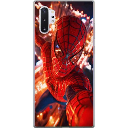 Kompatibelt Mobilskal till Samsung Samsung Galaxy Note10+ Spider Man i intensiv action med gnistrande ljus och dynamiskt perspektiv i filmisk superhjÃ