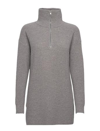Half Zip Ribbed Long Sweater Grey Davida Cashmere