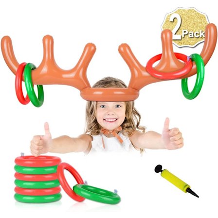 Uppblåsbart renhornsspel, (2 uppblåsbara horn, 8 ringar renkastning) Uppblåsbar renhornshatt med ringar, familjejul