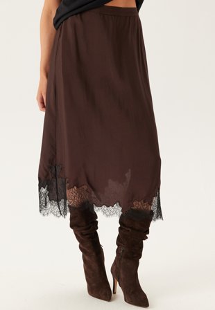 Object Collectors Item - Objdalme Mw Long Lace Skirt - Seal Brown Detail: Black Lace - Kläder - - Bubbleroom