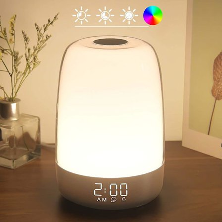 Touch Wake Up Nattlampa med Soluppgångssimulering Väckarklocka, 3 Sätt Dimbar Varmvit Sänglampa för Barnrum RGB Atmosfärisk Bordssänglampa