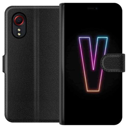 Yhteensopiva Lompakkokotelo Samsung Samsung Galaxy Xcover 5 Neonkirjain V värikoodattu valossa mustaa taustaa vasten, minimalistinen muotoilu selkeä