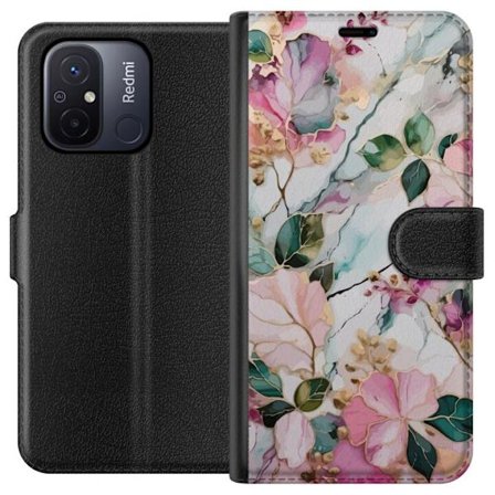 Kompatibel Tegnebogsetui til Xiaomi Redmi 12C Abstrakt marmormønster med blomster, blade og gyldne detaljer i bløde pastelfarver