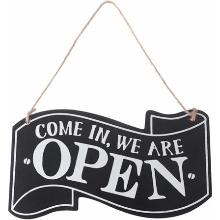 Tosidig åpen og lukket treskilt med tau for oppheng, vintage skilt (svart)