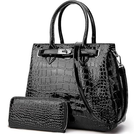 Krokodille Mønster Patent Læder Håndtasker To-delt Håndtaske Skuldertaske (Sort)