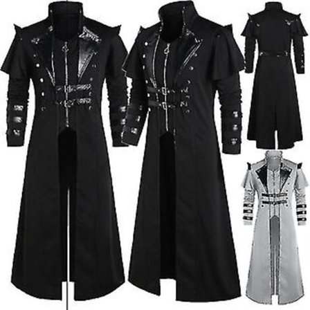 Vintage Halloween Middelalder Steampunk Assassin Elves Pirat Kostume Voksen Mænd Sort Lang Split Jakke Gothic Armor Læderfrakker (XXXL Grå)