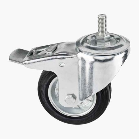 Biltema - Hjul med sving og bremse 100 mm, Transporthjul med rullelager, slitebane av gummi, metallfelg