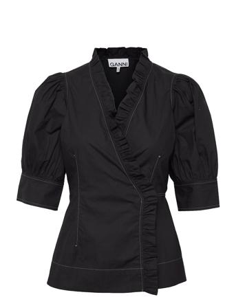 Cotton Poplin Short Sleeve Wrap Shirt Blouses Short-sleeved Svart Ganni