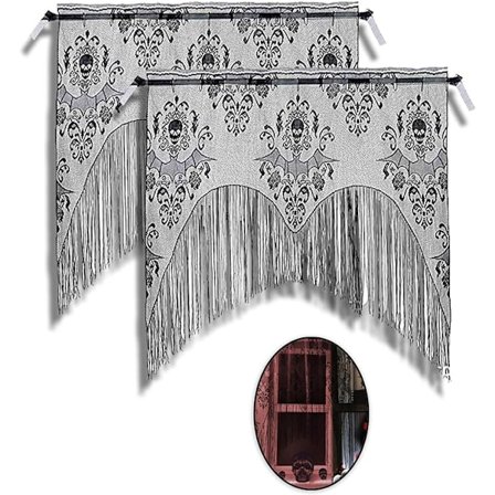 2 stk. Halloween blonde kniplingsgardiner med kranier - sorte kvast dørgardiner