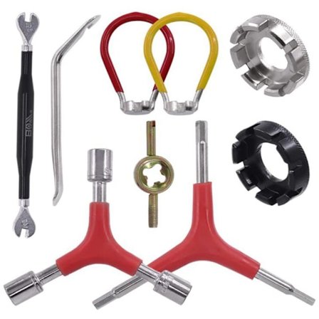 POIKA 9-puolainen työkalusarja, 8-leikkuinen avoin puola-avain, polkupyörän puola-avain, rengasvipu, venttiilin ydin, Y-tyyppinen kuusiokoloavain ja 