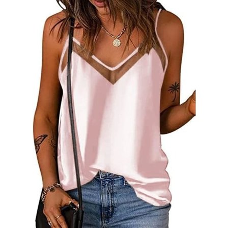 IC Satin Mesh V-ringad linne dam Cami Top Silk Camisole Casual Blus (stor)
