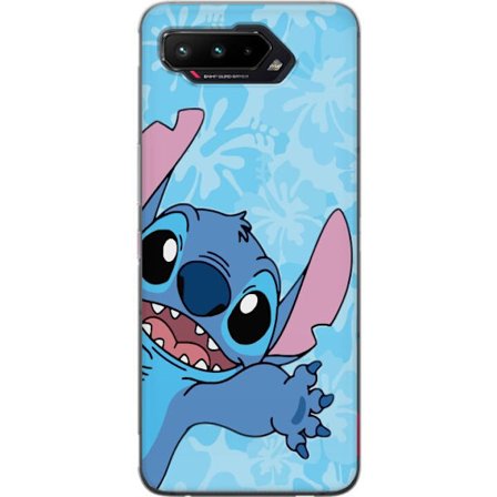 Kompatibelt Mobildeksel til Asus ROG Phone 5 Leken illustrasjon av Stitch som strekker seg mot kameraet på lyseblå blomstret bakgrunn
