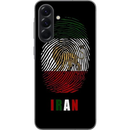 Kompatibelt Mobildeksel til Samsung Galaxy A56 Fingeravtrykkformat som Irans flagg med løvemotiv på svart dramatisk bakgrunn