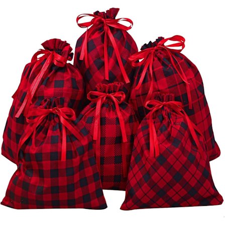 6-pack bomullsbuffelrutig röd och svart rutig dragsko väska strumpa förvaringssäck present julklappspåsar festgåvor påsar