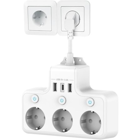 Stikdåse med individuelle kontakter, forlængerledning med USB-C 3 stik og 3 USB-opladere, stikkontakt med flere USB-stik, kort kabel