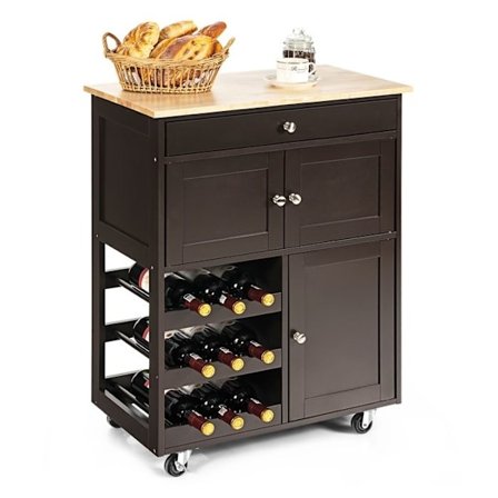 COSTWAY Kökvagn med hjul och skiva av gummiträ, låda, flaskställ med 3 nivåer och 2 skåp, brun