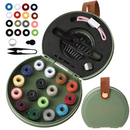 Sykits, Luksus Bærbart Rejse Sy Reparationssæt med Sammenfoldeligt Læder Organizer Etui, Begyndervenligt Hjem DIY Sytilbehør(Grøn)