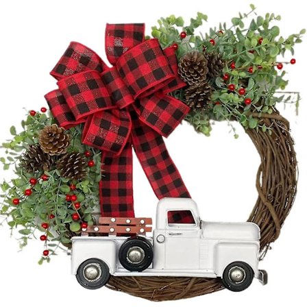 Vintage handgjord jul lastbil krans rotting krans rutig båge ytterdörr hänge trädgård gård