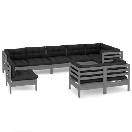 Vidaxl Loungegrupp Med Dynor 9 Delar Grå Massiv Furu Grå