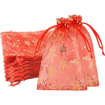 Röda Guld Organzapåsar - 100-pack, 9x12cm Små Bröllopssmycken Dragskopåsar, Mesh Godis Presentpåsar för Födelsedag, Bröllop