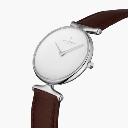 Nordgreen Women's Minimal Small Face Danish Watch - Silver Case - White Dial - 32mm Dark Brown Leather Strap White Dial Unika