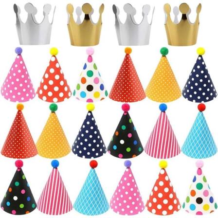 22 st födelsedagsfest hattar för barn, Happy Birthday Crown Hat och färgglada festkonhattar med Pompo