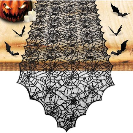 Dug med festlige dekorationer, inklusive 12 3D flagermusdekorationer, edderkoppespind sort blondebordløber - 45 x 185 cm