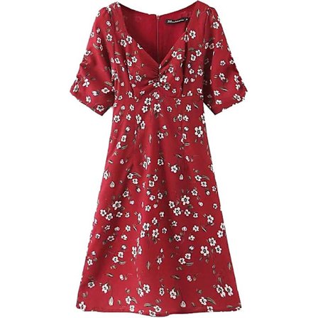 Retro V-aukkoinen vyötärökorostettu punainen kukkamekko lyhythihaisena