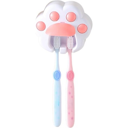 Vit Rosa Sød Kattepote Børnetandbørsteholder Vægmonteret med Låg til Badeværelse, 2 Rum Tandbørsteopbevaringsorganisator til Brusebad, Selvklæbende T