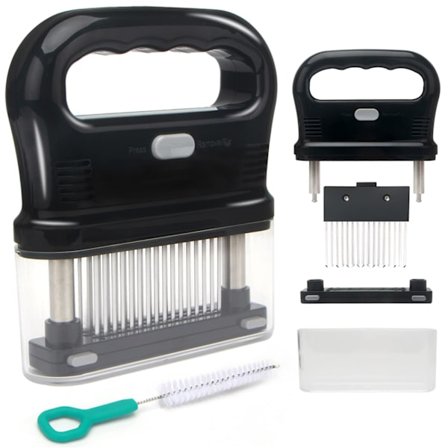 Rustfritt stål 48-blad kjøttmørnernåler for biff, svinekjøttmørning med rengjøringsbørste丨Bruksanvisning丨Oppskrifts-e-bok (PDF), oppvaskmaskinsikker