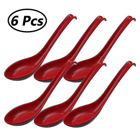 6 stk. lange håndtag nudelsuppe skeer japansk asiatisk rød bestik plastik skeer service