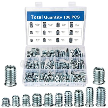 130 stk gjengede innlegg, M6/M8/M10 gjengede innlegg treskruemuttere, galvaniserte stålskruemansjetter, gjengede innleggsmuttere for tremøbler