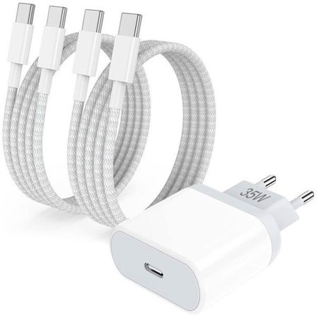 Hurtigoplader 35W - E.F.Connection - 2 USB-C-kabler 1M - Kompatibel med iPhone 17/16/15 - Hurtig opladning