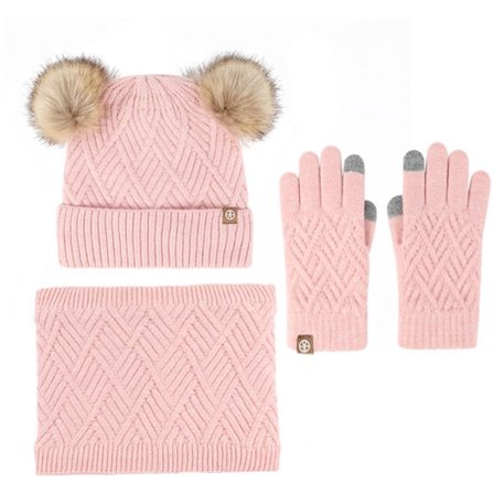 ING Børne Vinterhue Halstørklæde Handsker Sæt til Baby Småbørn Drenge Piger Strikket Pompon med Halsvarmer og Luffer Tre i Én Pink Størrelse 2 10