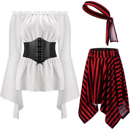 Pcs Dame Piratkostyme Cosplay Renessanse Bluse Topper Korsett Midjebelte Piratskjørt Striper Hodeskjerf