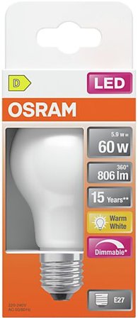 OSRAM Led Lyspære E27 Classic A60 806lm matt Dimbar Varmhvit