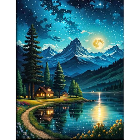 Mountains Moon Lake Diamant Kunst Sæt, Lakeside Villages Diamant Maleri Sæt, Landskab DIY Fuld Bor Dots Gem Kunst Maling til Hjem Vægindretning