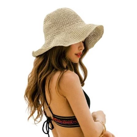 Foldbar Stråhat til Damer, foldbar Bred stråhat - Sommer & Strand, Dame solhat til sommeren 57-59 cm