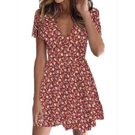 Kort Klänning Trycker Blommor Eleganta V-v-formade Knappar Hög W