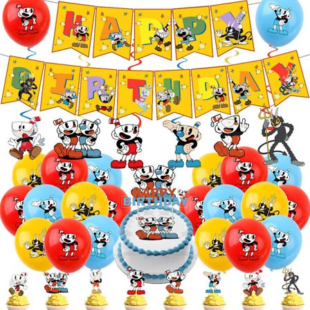 Cuphead temafest dekorationer inkluderer Happy Birthday banner, latex balloner, hængende hvirvler dekorationer, kagepynt