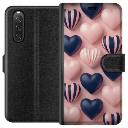 Yhteensopiva Lompakkokotelo Sony Xperia 10 V Pehmeät kolmiulotteiset sydämet vaaleanpunaisessa ja merensinisessä sävyssä romanttisessa kuosissa