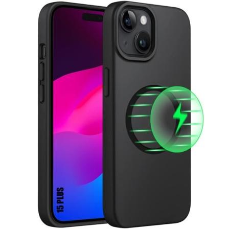 Cover til iPhone 15 Plus, stødsikker anti-ridsebeskyttelse med sort metalring