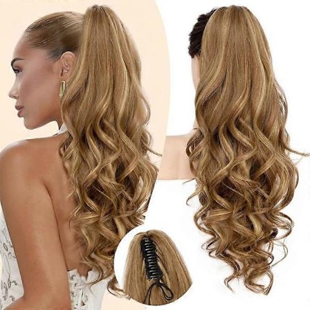 Klämman Blont med Slingor Hästsvansförlängning, 61 cm Lång Lockig Vågig Klämma i Hästsvans Hårförlängningar, Käkklämma på Hästsvansar Fluff