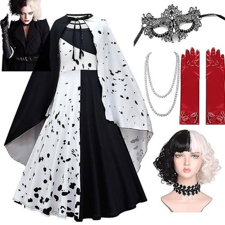 * Halloween Barn Cruella Klänningar Barn Kläder Flickor Cosplay Kostym Svart Vit Lång Klänning Med Kap För Karnevalsfest