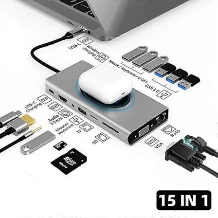 15 i 1 USB Typ C HUB Dockningsstation Trådlös Laddning USB 3.0 RJ45 PD Till HDMI-kompatibel Adapter för MacBook Pro Air Laptop PC