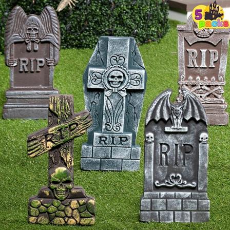 5 stk. 43 cm Halloween-dekorationer, skum RIP gravsten med 12 stk. metal bundspidser til Halloween havedekoration Parent